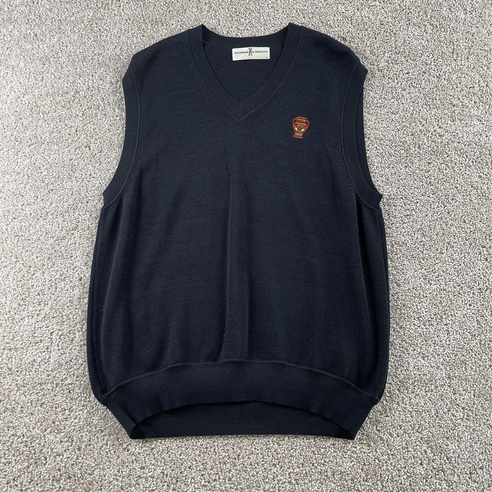 Fairway‎ & Greene Sweater Vest Mens Large Black V Neck Tight Knit Golf Logo